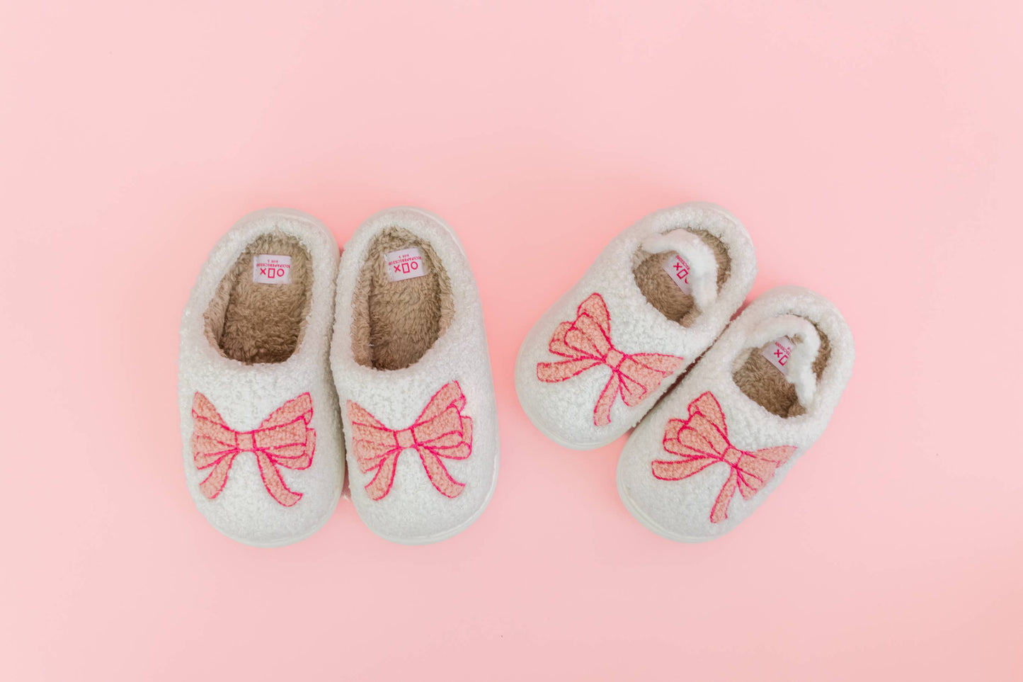 fuzzy plush slippers with pink bow - toddler/kids