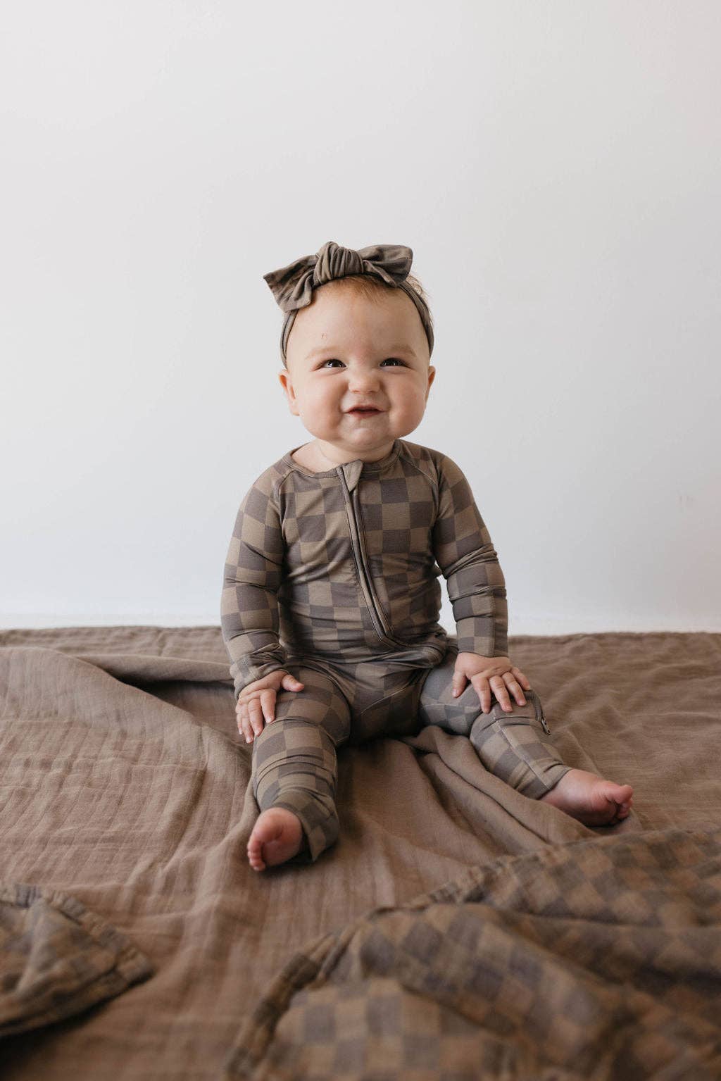 bamboo zip pajamas | faded brown checkerboard