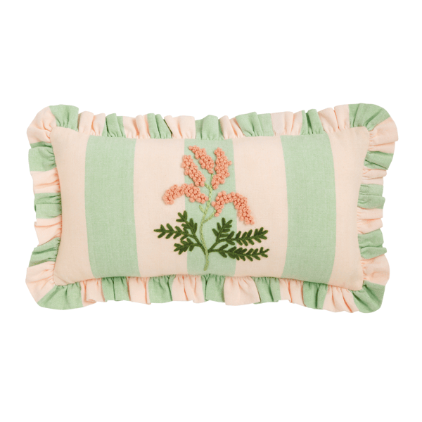 green stripe embroidered floral pillow