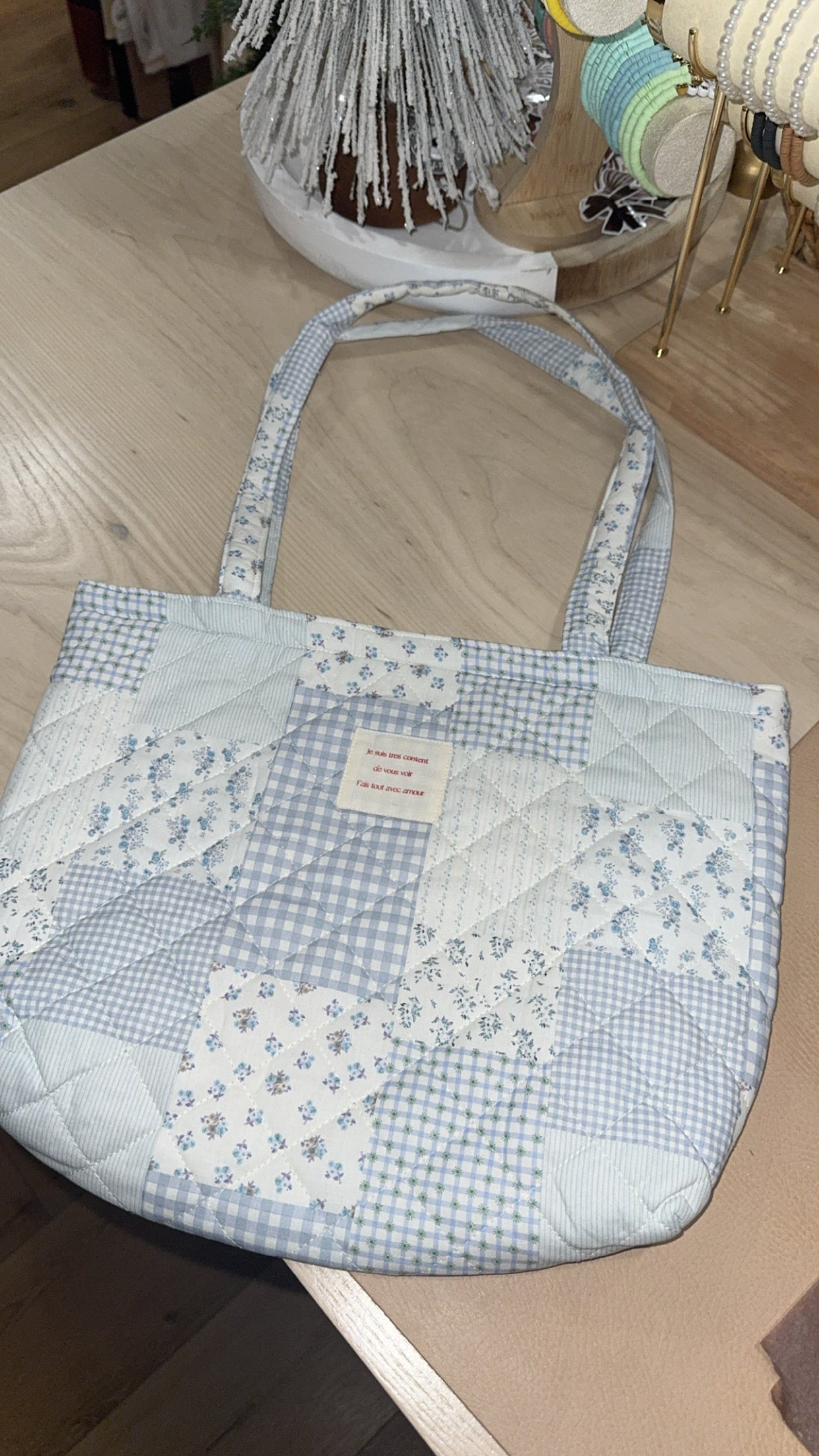 blue plaid floral quilted tote bag