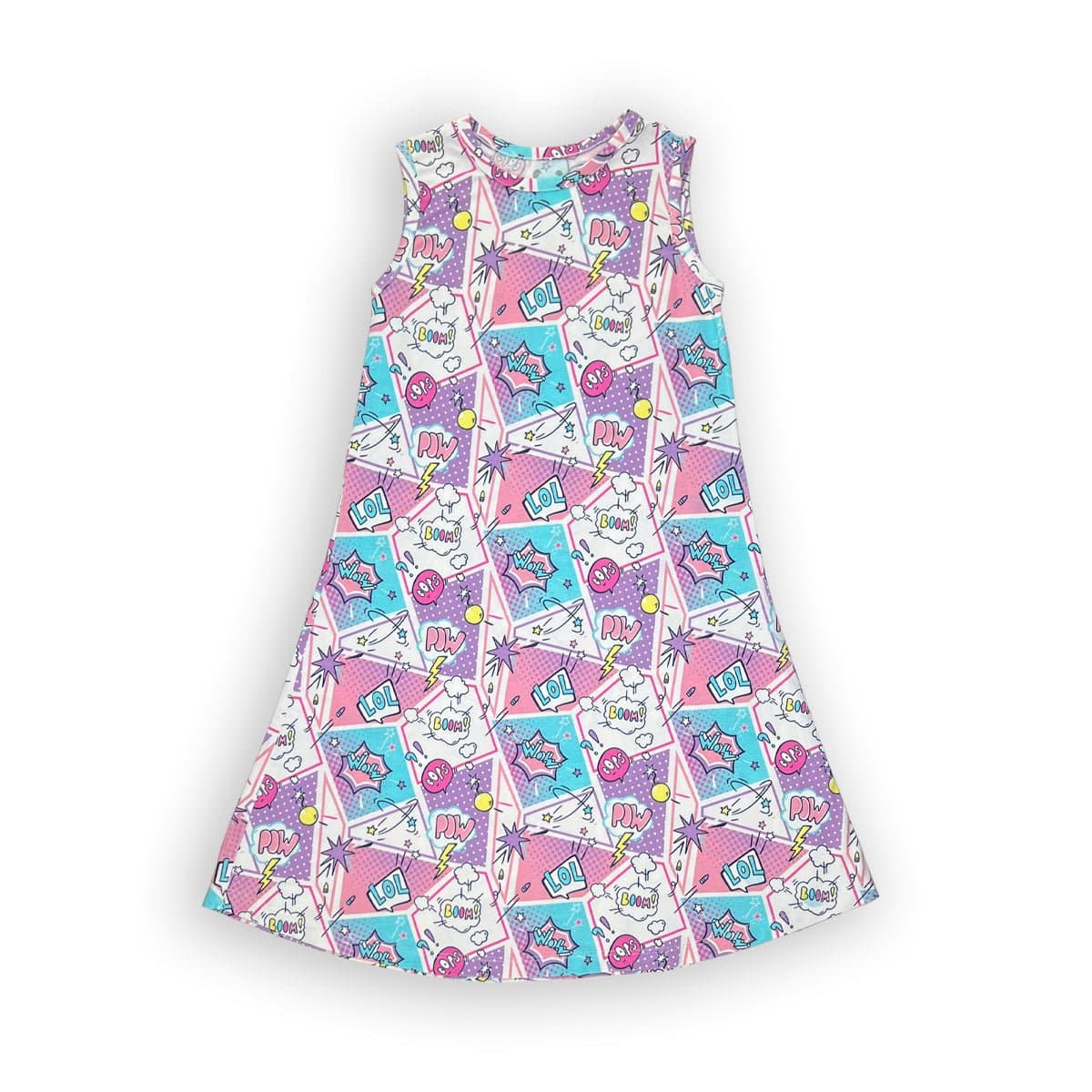 Bellabu Bear Girls' Sleeveless Dress – Purple Comic Print, Bamboo, 18-24 Months