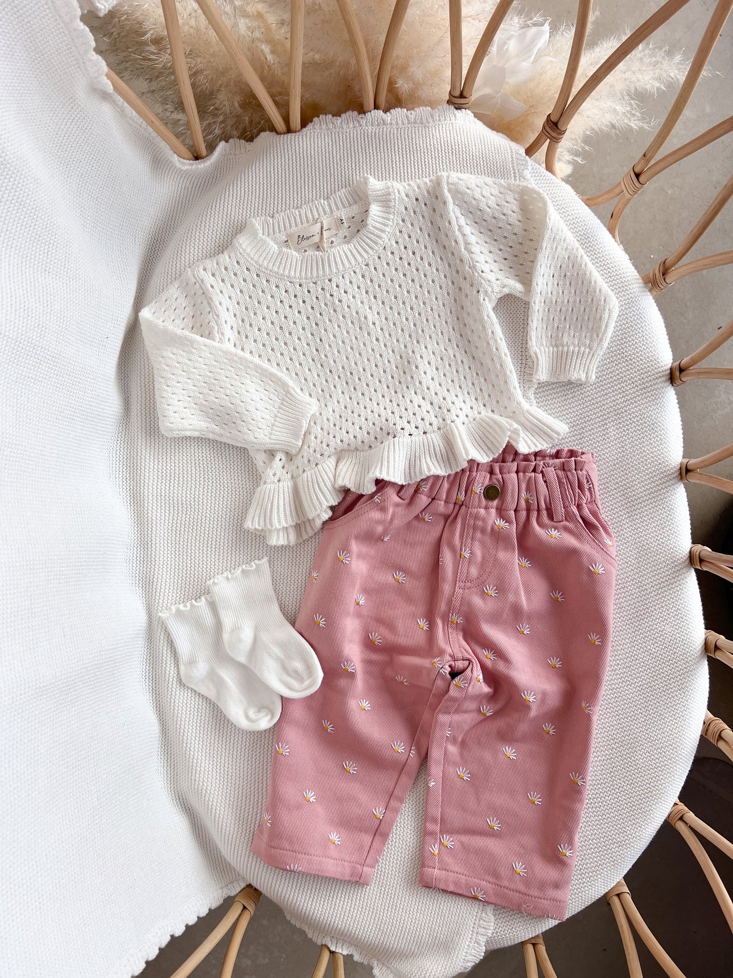 crochet long sleeve frill top - milk