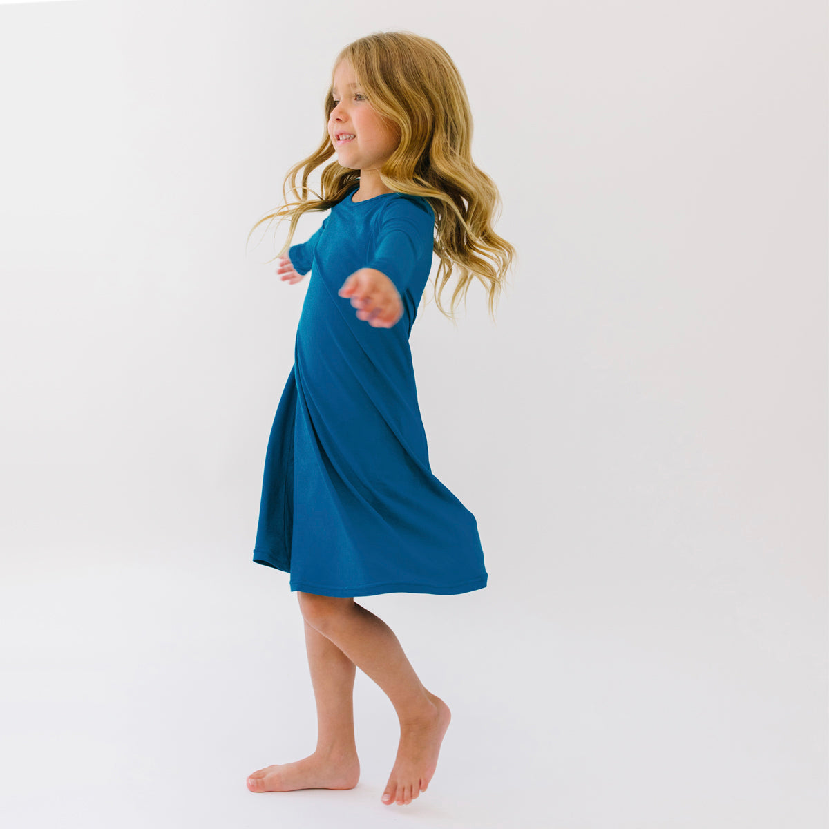 Bellabu Bear Teal Blue Bamboo Girls' Long Sleeve Dress, 12/14Y