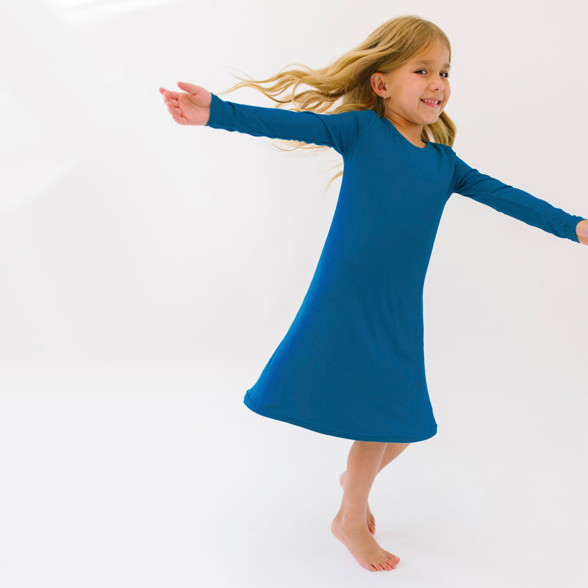 Teal Blue Bamboo Girls' Long Sleeve Dress - Ivory Soul