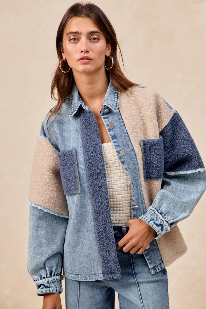 washed denim + fleece mix + matched jacket
