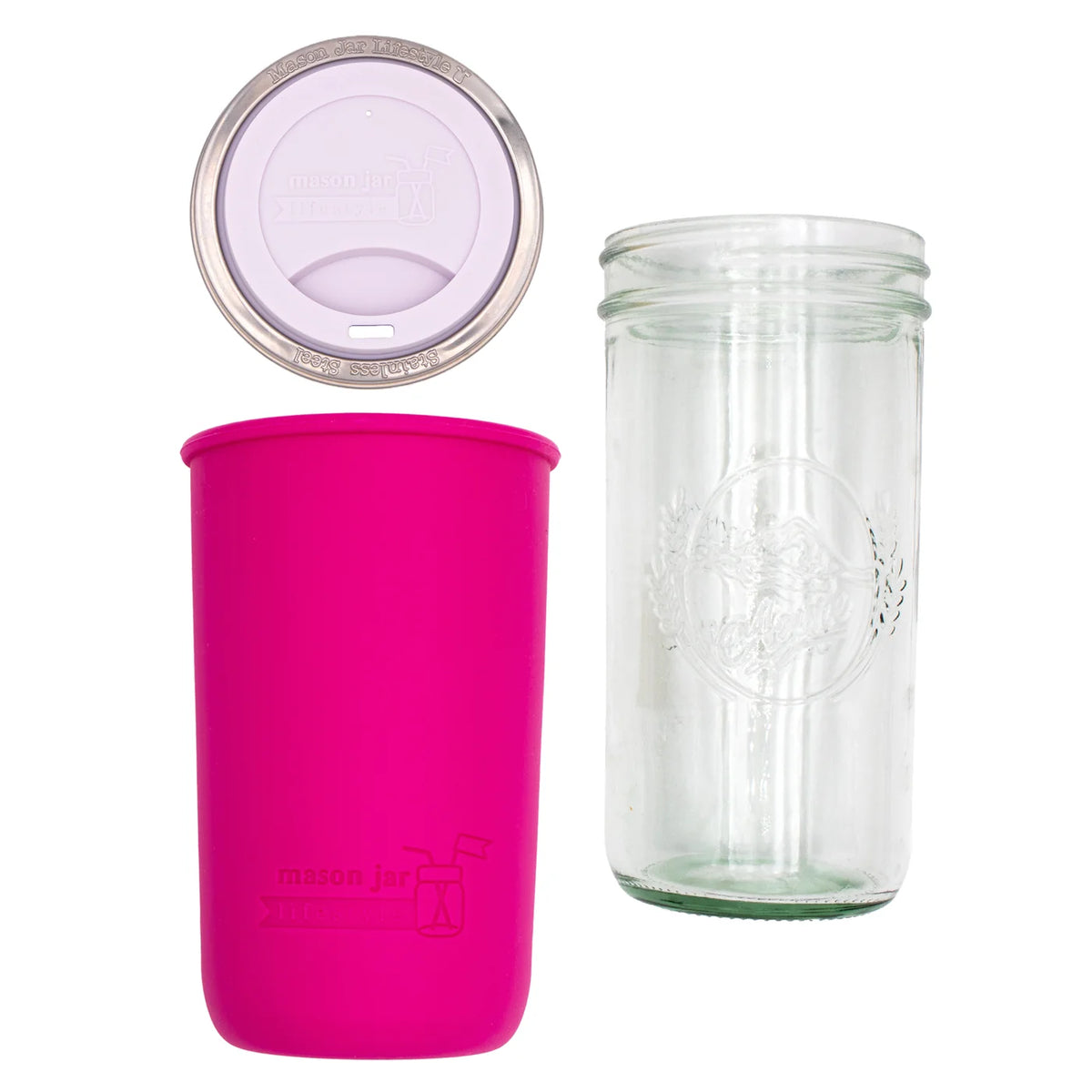 mason jar lifestyle 24oz pint + half glass water bottle travel tumbler with silicone sleeve + drinking lid | berry pink / light orchid color