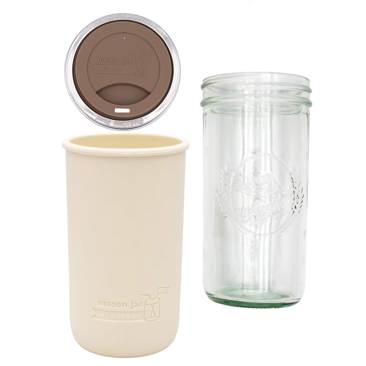 mason jar lifestyle 24oz pint + half glass water bottle travel tumbler with silicone sleeve + drinking lid | greige / cocoa brown color