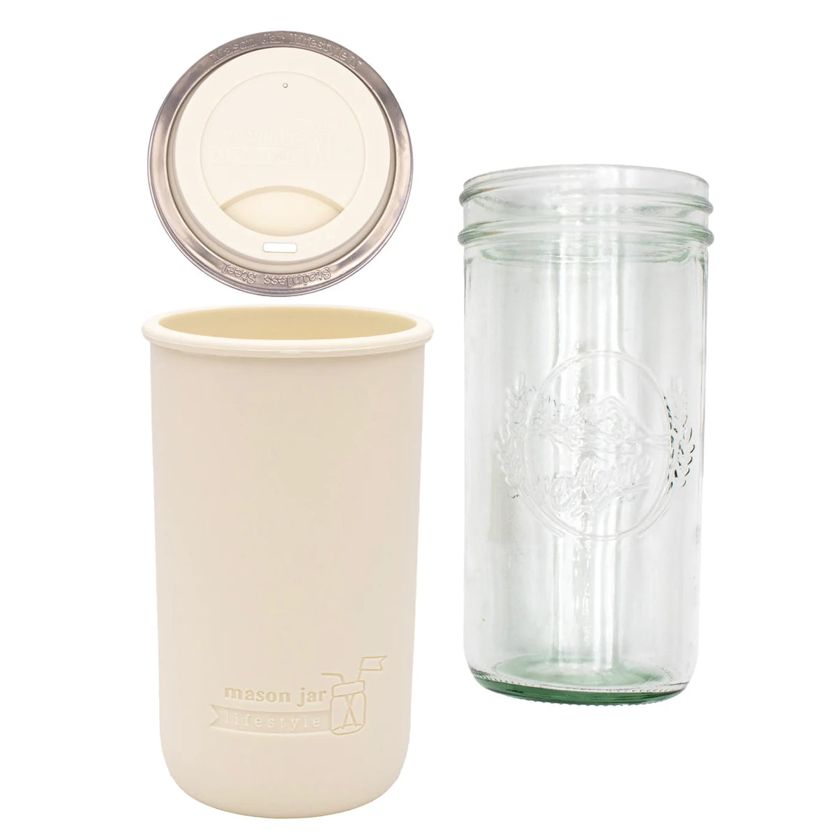 mason jar lifestyle 24oz pint + half glass water bottle travel tumbler with silicone sleeve + drinking lid | greige / greige color