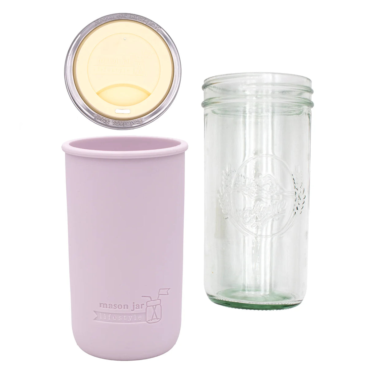 mason jar lifestyle 24oz pint + half glass water bottle travel tumbler with silicone sleeve + drinking lid | light orchid/butter yellow color
