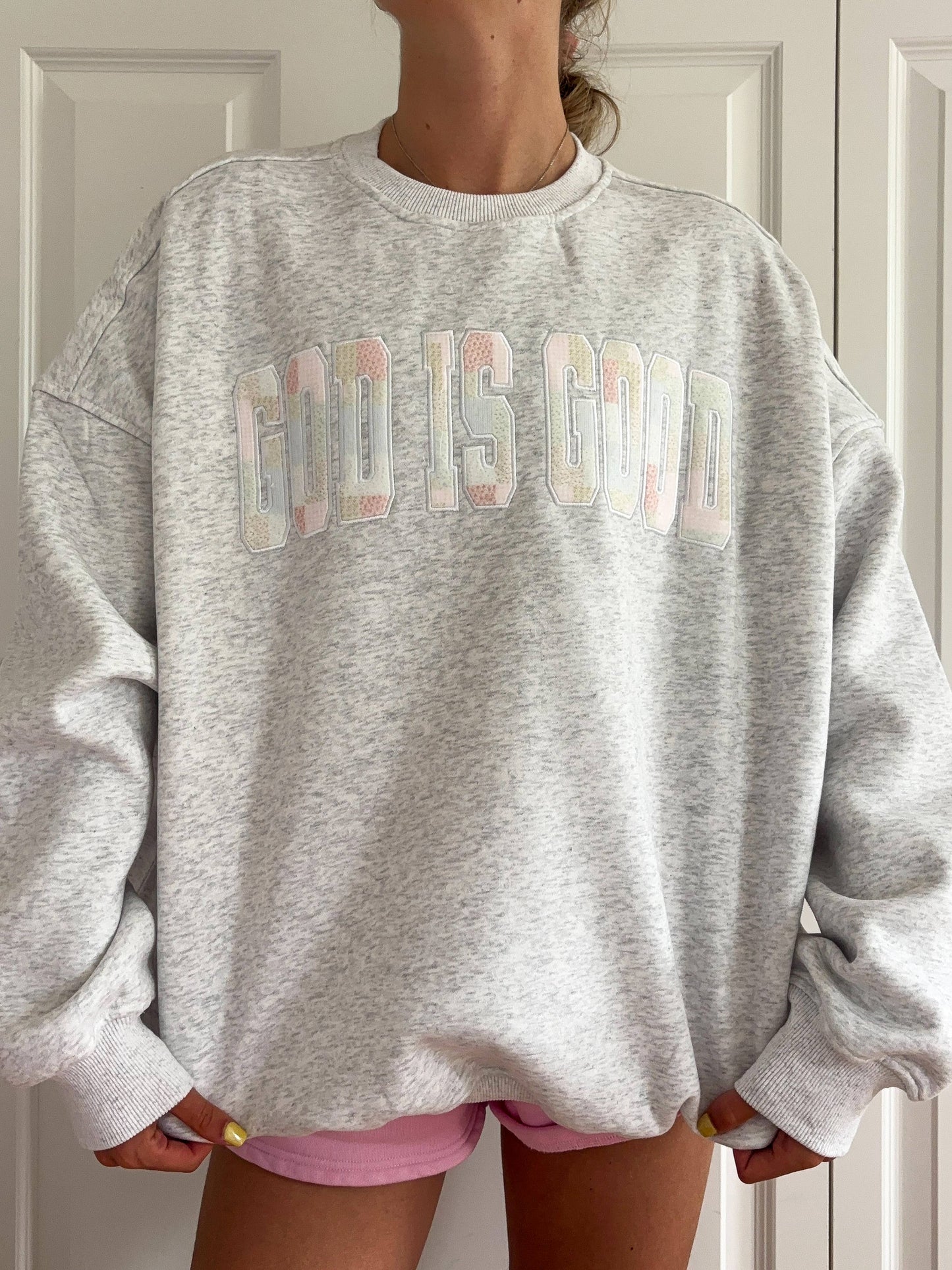 God is good quilted pastel embroidered sweatshirt