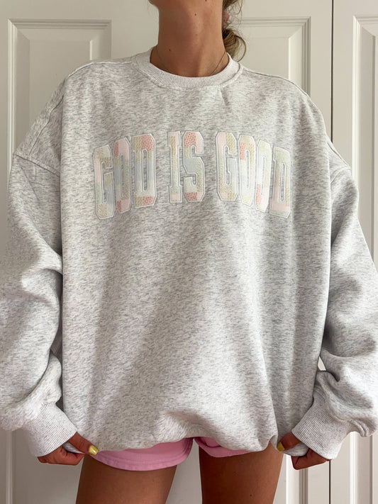 God is good quilted pastel embroidered sweatshirt