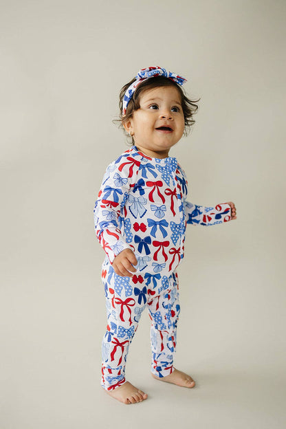 bamboo zip romper  | red-white + bows