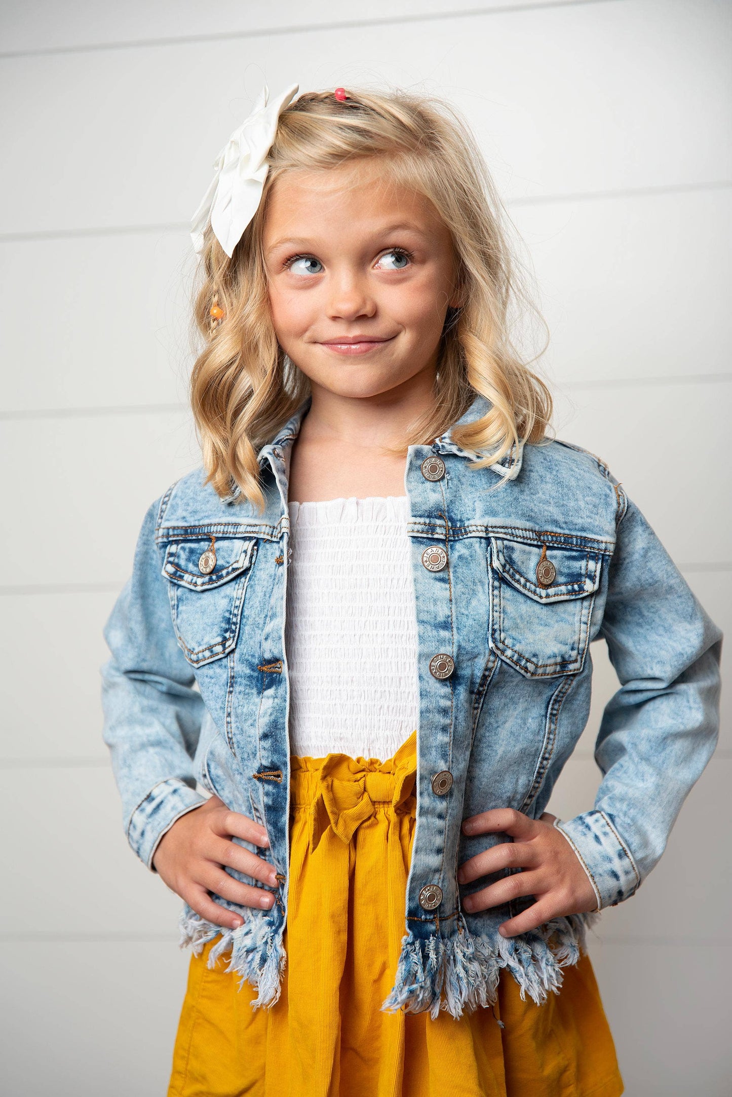 kids light wash faded denim fringe winter button jacket