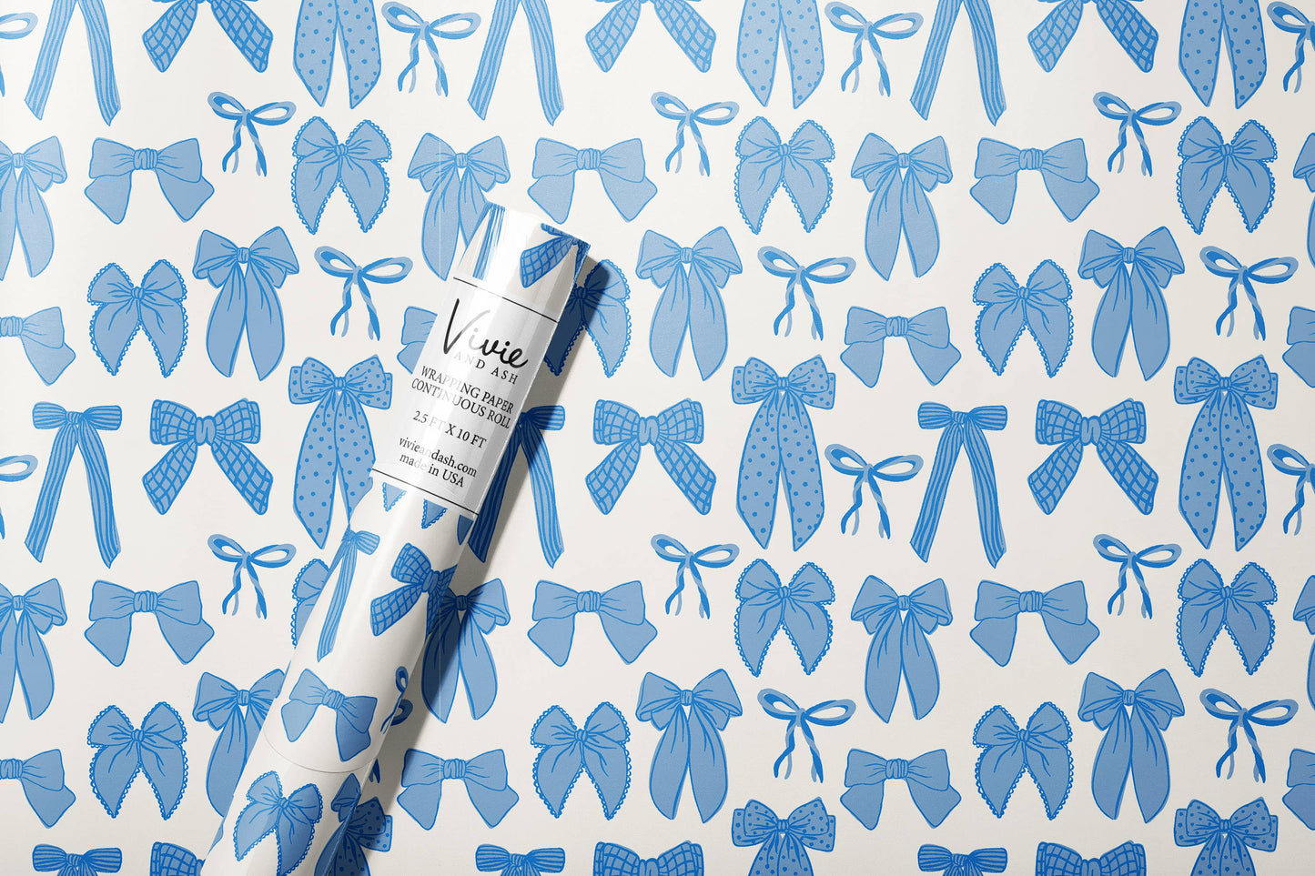 blue bows wrapping paper roll