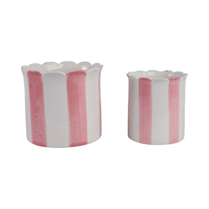 pink ceramic striped scallop planter