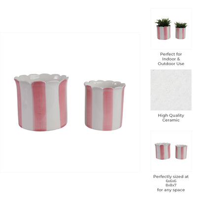 pink ceramic striped scallop planter