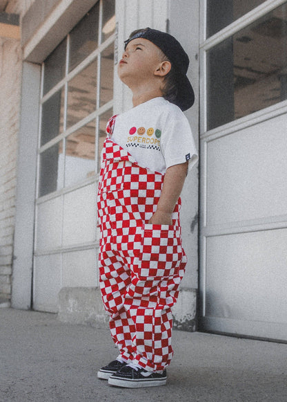 red checker overalls