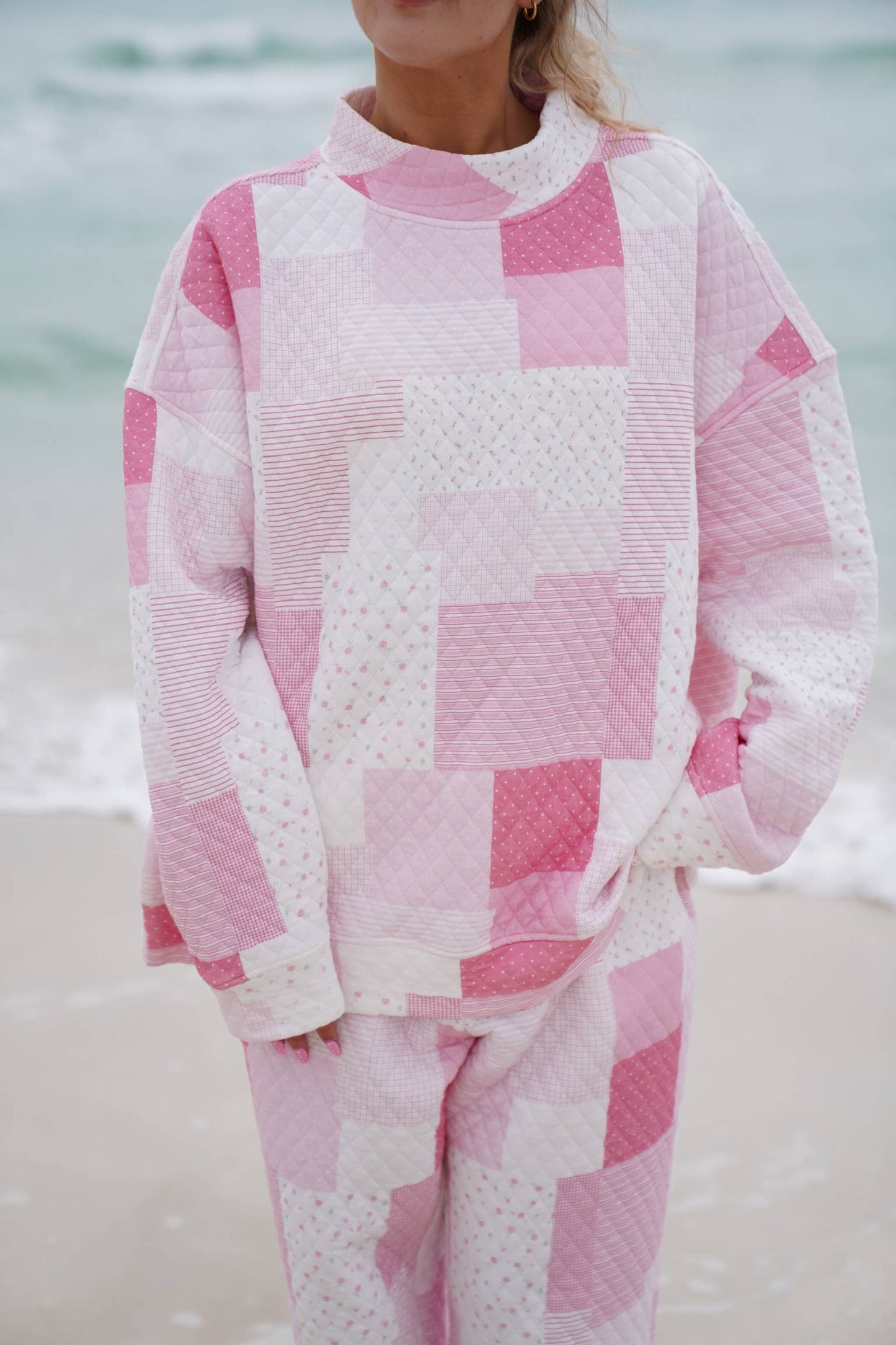 margo quilted patchwork mockneck sweatshirt