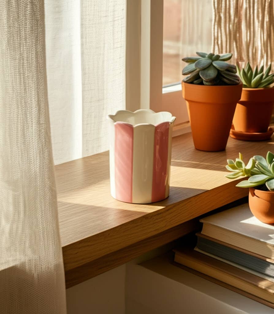 pink + ivory ceramic striped pencil cup