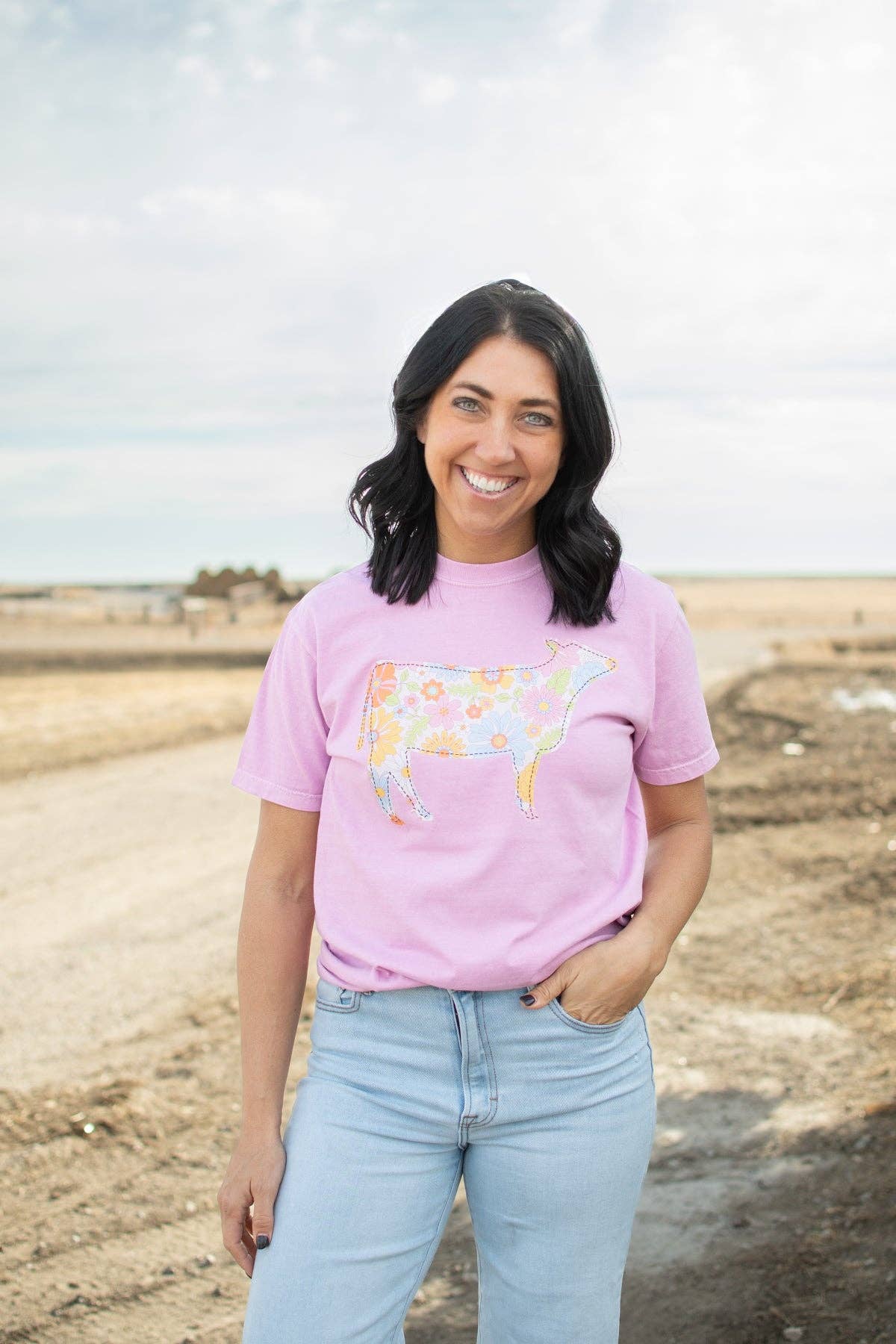 spring retro floral cow graphic tee