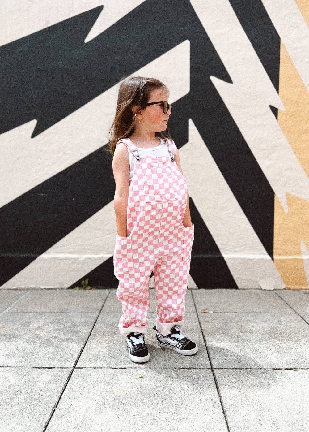 pink checker overalls