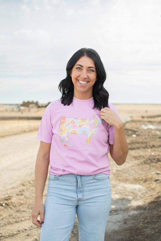 spring retro floral cow graphic tee