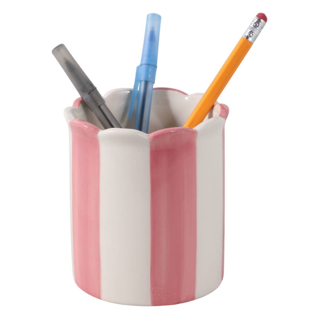 pink + ivory ceramic striped pencil cup