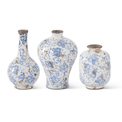 blue + white ceramic bud vases