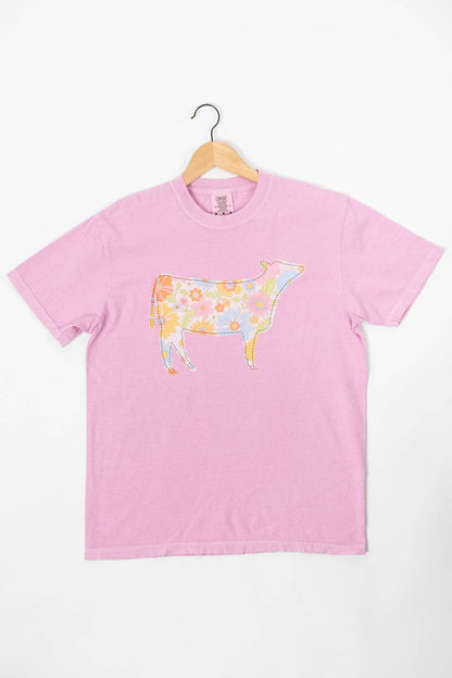 spring retro floral cow graphic tee