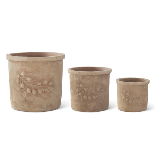 olive branch embossed terracotta planters w/ drains