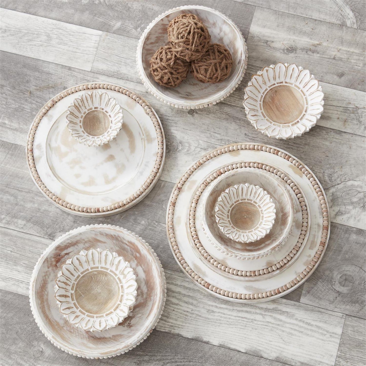 whitewashed wood bead trimmed bowls - Ivory Soul