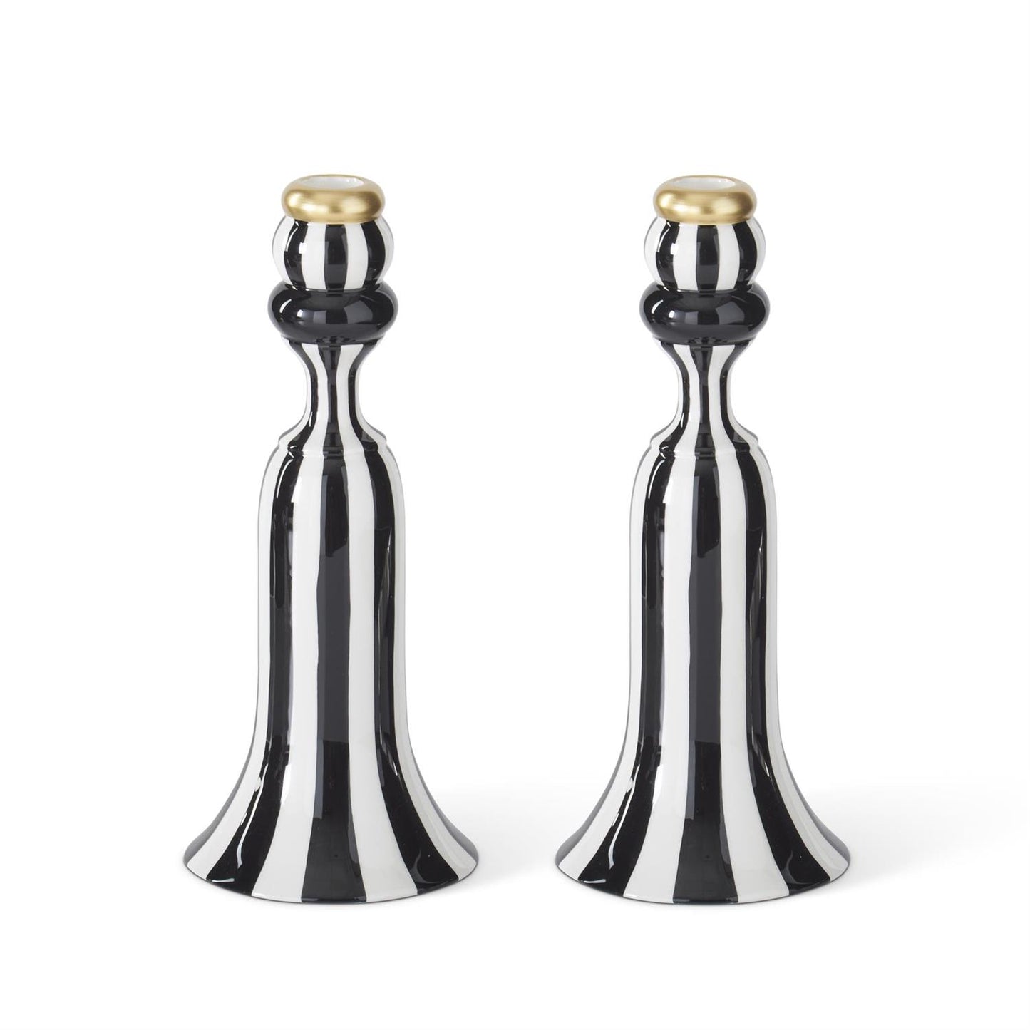 10 inch black + white striped ceramic taper candleholders