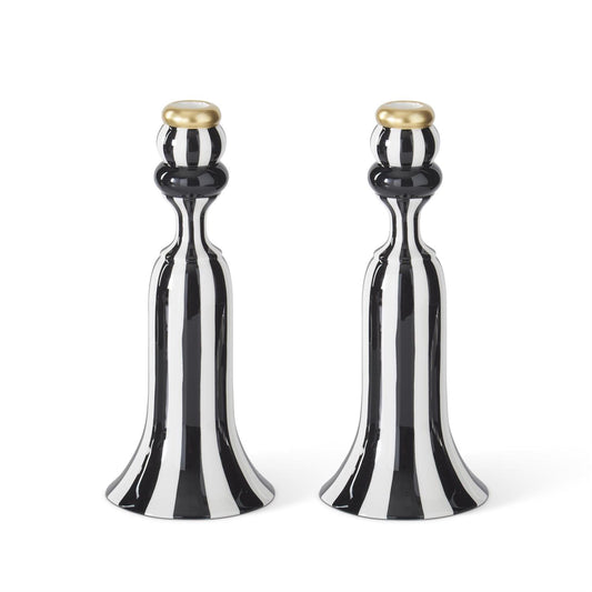 10 inch black + white striped ceramic taper candleholders
