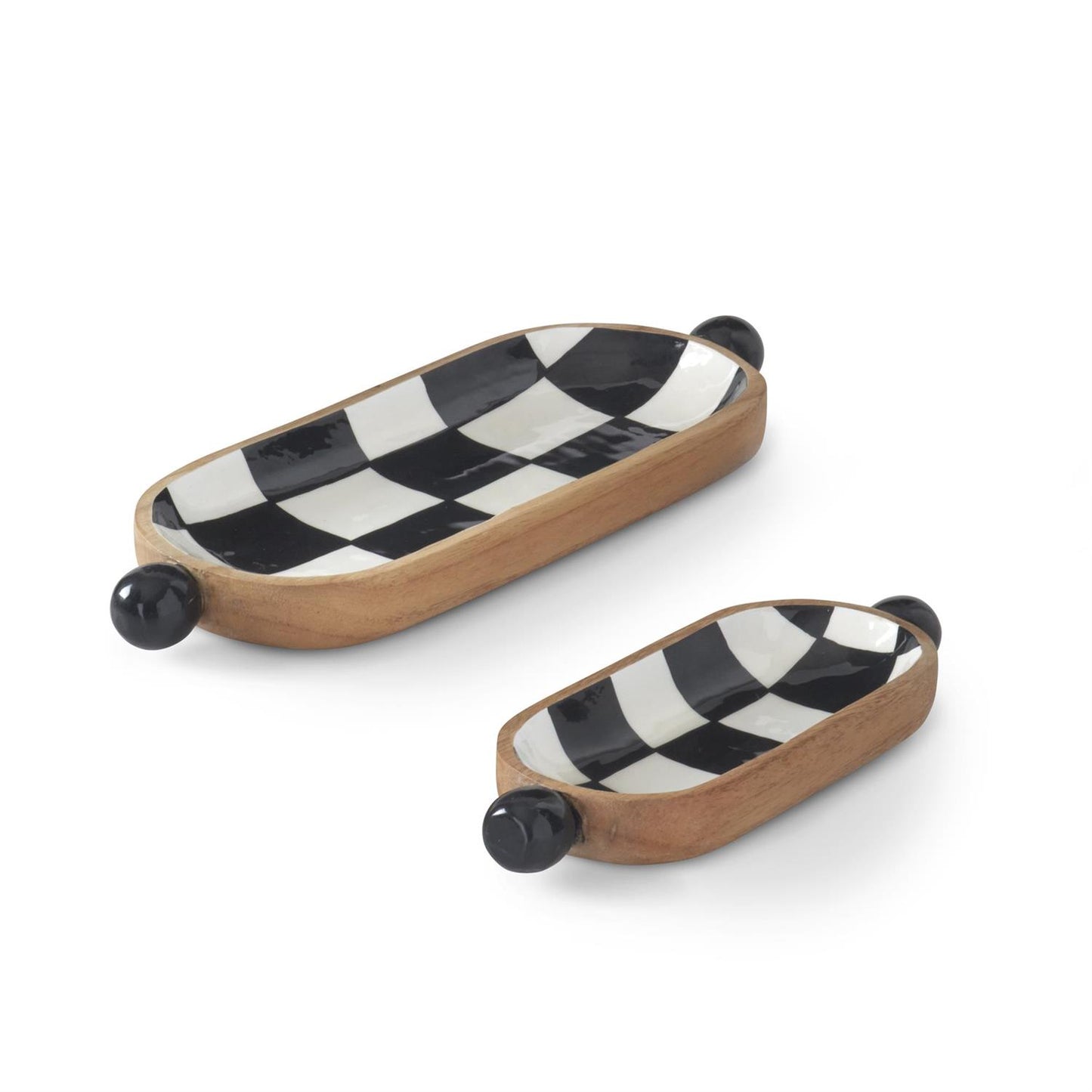 black + white check enameled oval wood