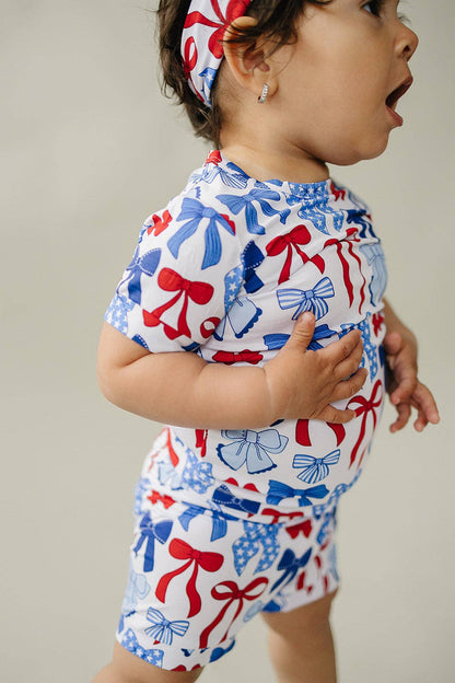 bamboo shorts set | red-white & bows