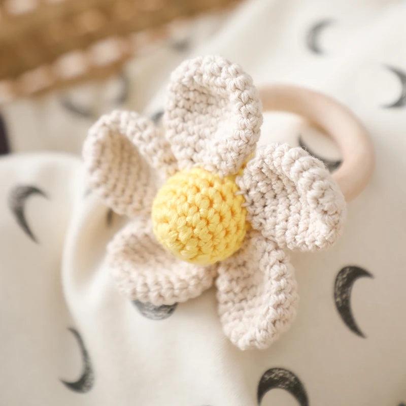 flower rattle toy with wood ring teether