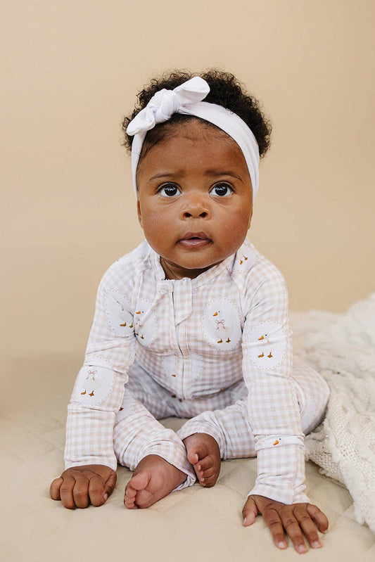 gingham + goose bamboo zip romper