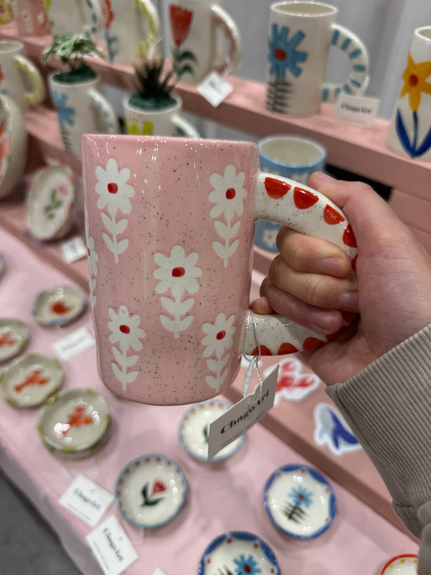 handmade pink daisy ceramic coffee mug
