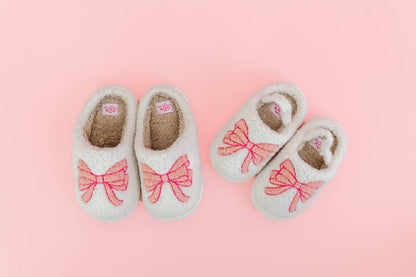 fuzzy plush slippers with pink bow - toddler/kids