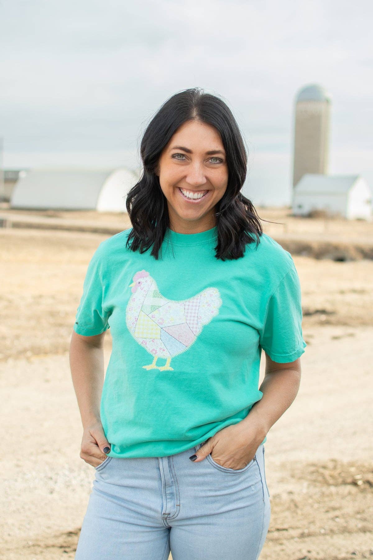 spring patchwork chicken green graphic tee