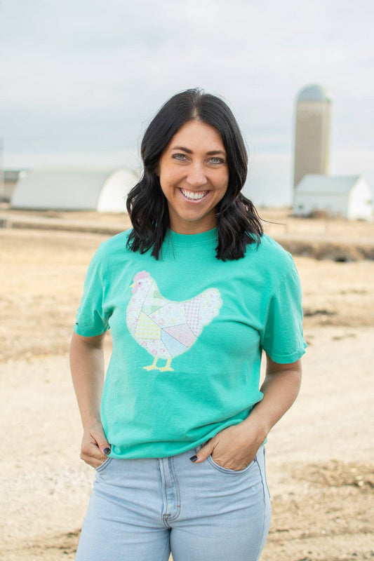 spring patchwork chicken green graphic tee