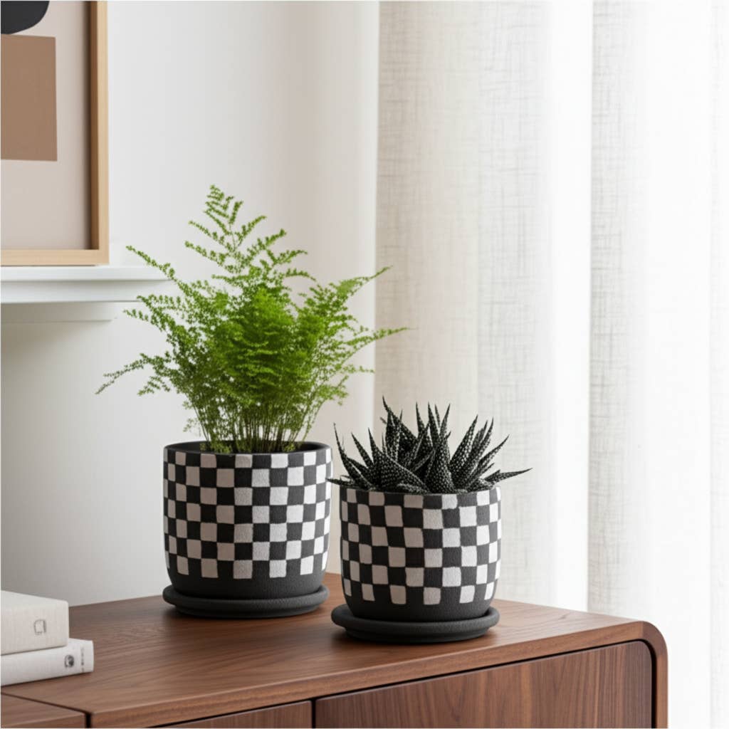brown + white ceramic saucer planter