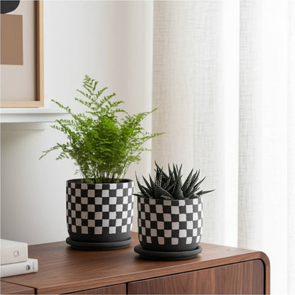 brown + white ceramic saucer planter