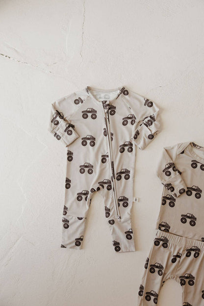 monster truck bamboo zip pajamas