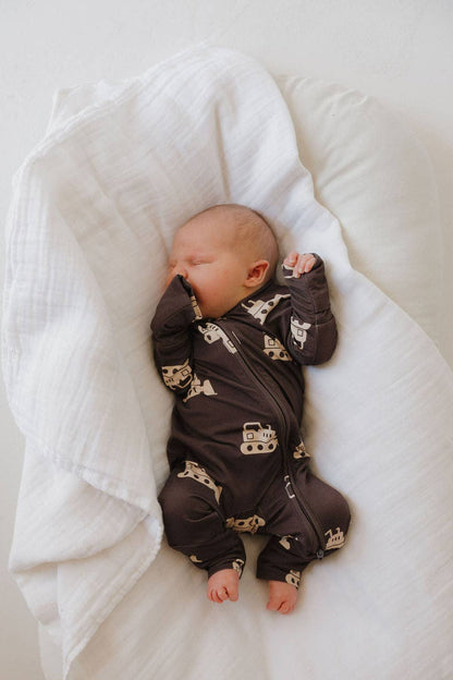 bamboo zip pajamas | bulldozer