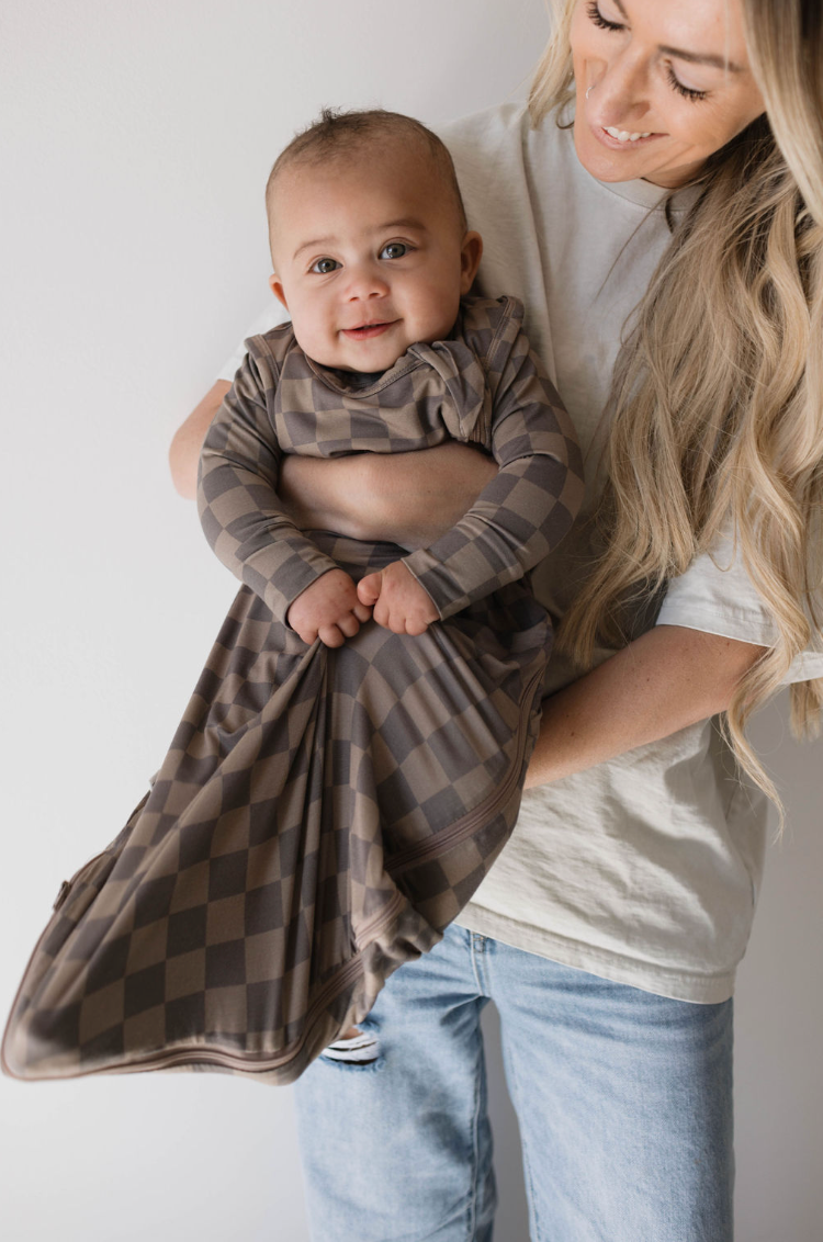 faded brown checkerboard bamboo sleep sack