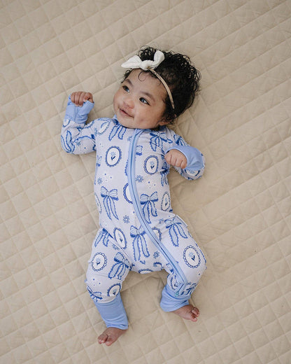 blue bow bamboo zip romper