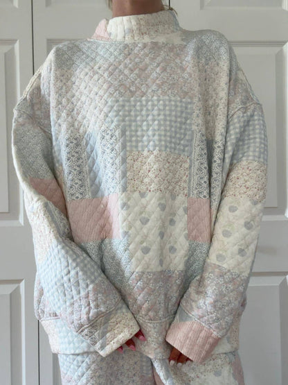 shades of blue quilted pastel mockneck sweatshirt