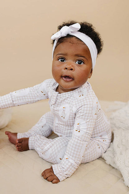 gingham + goose bamboo zip romper