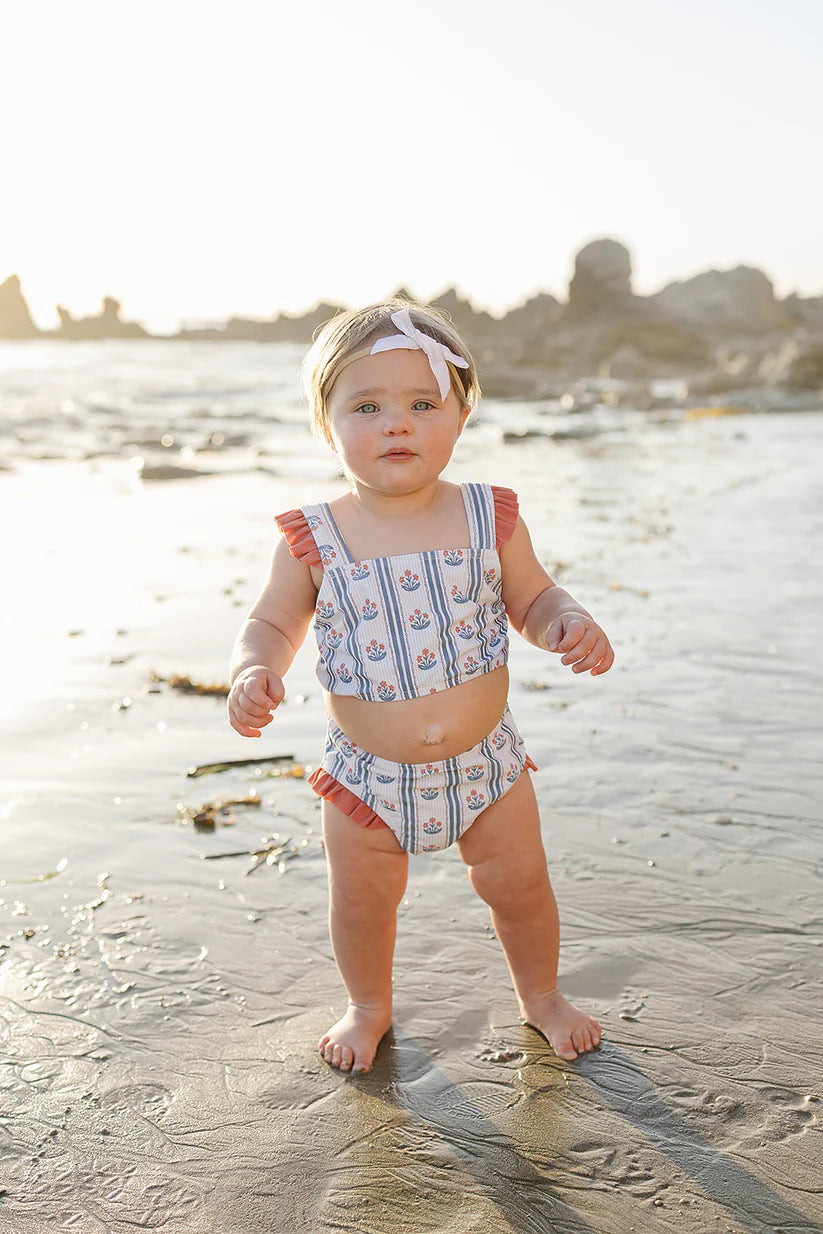 block print floral ruffle bikini set